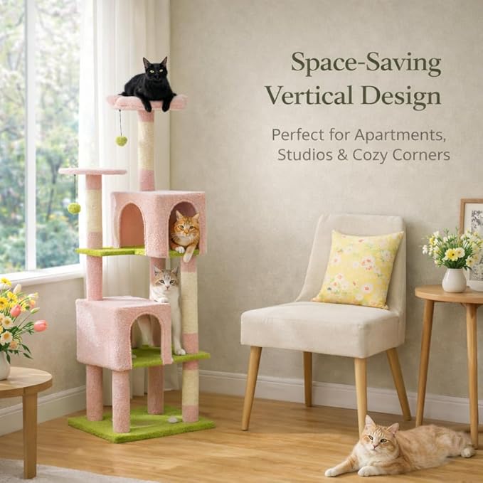 62" Flower Cat Tree for Large Cats, Multi-Level Cat Tower with 2 Plush Condos, Soft Bed, Scratching Posts & Pad, Padded Perch & 2 Hanging Pompoms for Indoor Cats,Pink