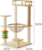 32.2”” Wood Cat Tower with Sisal Scratching Post, Modern Cat Tree with Acrylic Bowl, Cat Perch, Climbing Ladder & Ball Toy, Multi-Level Cat Activity Center (32.2 inch)