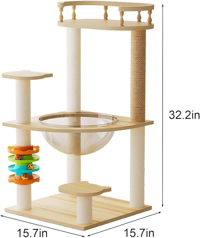32.2”” Wood Cat Tower with Sisal Scratching Post, Modern Cat Tree with Acrylic Bowl, Cat Perch, Climbing Ladder & Ball Toy, Multi-Level Cat Activity Center (32.2 inch)