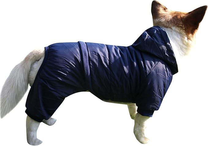 Fleece Lined Dog Coat with Detachable Hood and Detachable Hind Legs,Warm Puppy Jacket in Winter(Blue L)