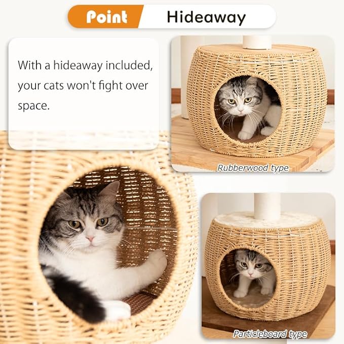 Wood Cat Tree for Large Cats, Modern Indoor Cat Tower with Basket Beds, Cat Condo & Clear Hammock, Multi-Level Wooden Cat Furniture for Home Living Room Decor (Particle Wood)
