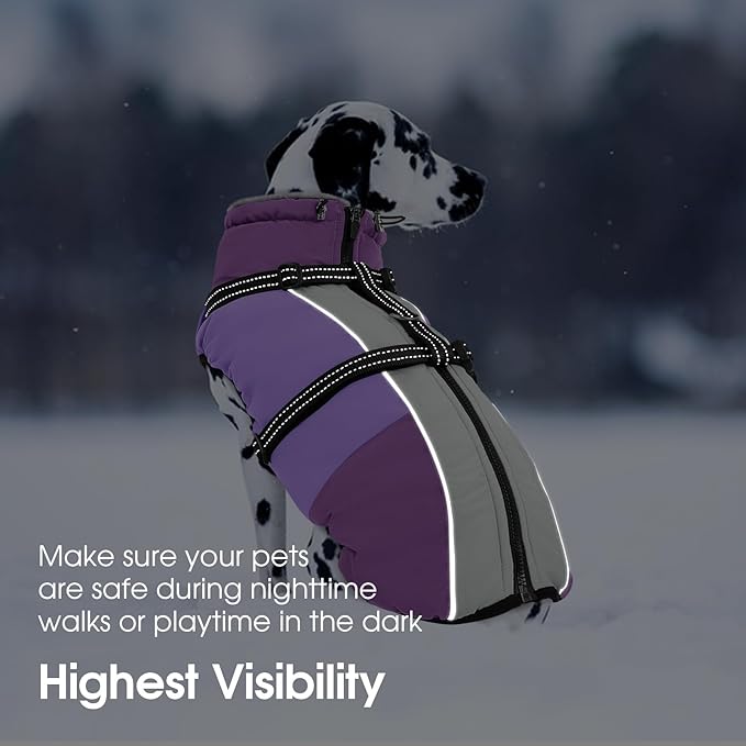 SUNFURA Dog Coat, Warm Dog Jacket with Harness Built in, Waterproof Pet Winter Coat Snowsuit with Zipper, Reflective Fleece Jacket for Extra Large Dogs, Weimaraner, Purple XXL