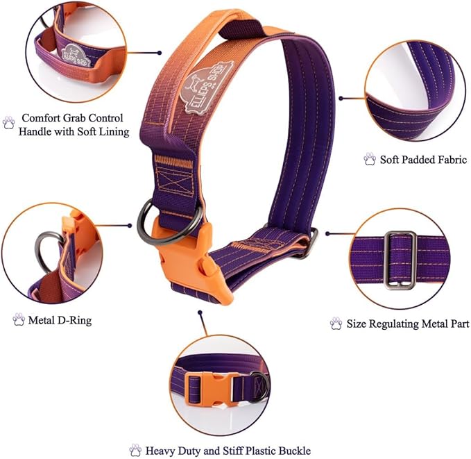 Tactical Dog Collar with Control Handle - Adjustable, Heavy Duty, Training and Walking for Medium and Large Breeds (Orange Violet, M: 18'' - 21'')