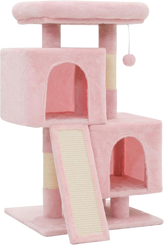34" Cat Tree Tower Multi-Level Cat Condo with Large Perch, Sisal Scratching Posts and Sisal Ramp for Kittens to Adults Cats, Fits Living Room, Bedroom, Apartments (Pink)