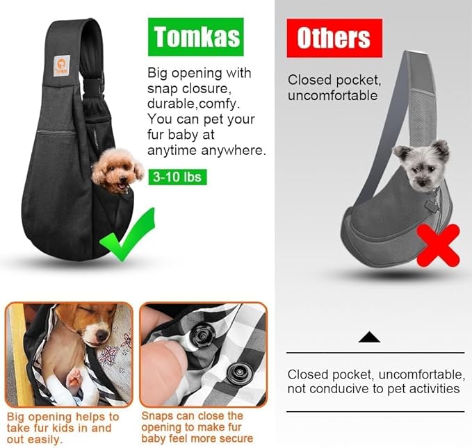 Tomkas Small Dog Sling Carrier - Cat Sling Carrier - Adjustable Strap & Zip Pocket - Suitable for Puppies (Black)