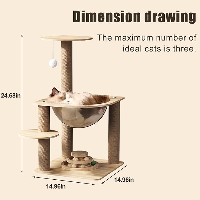 24.7in Large Cat Tree for Indoor Cats, Cat Tower with Sisal Scratching Posts, Cat Activity Center with Cat House, Interactive Teaser Balls, Sturdy Wood Cat Climbing Tower for Kittens&Adult Cats, Beige