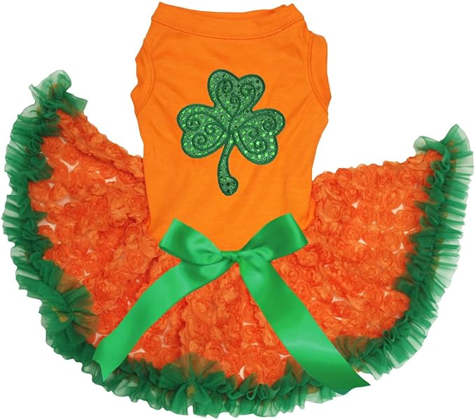 Petitebella Green Sequins Clover Puppy Dog Dress (Orange/Green Lace, Medium)