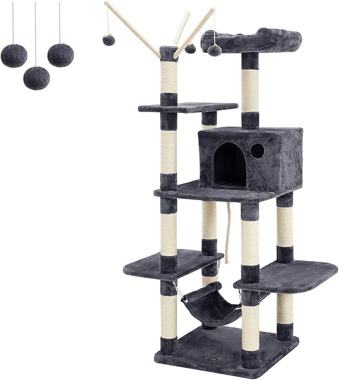FEANDREA B01J7AN53C XXL Climbing Tree, Stable Cat Tree with Hammock, Cave, Play Sisal, 154 cm, Smoke Grey Beige Light Grey PCT86G, 15600 g