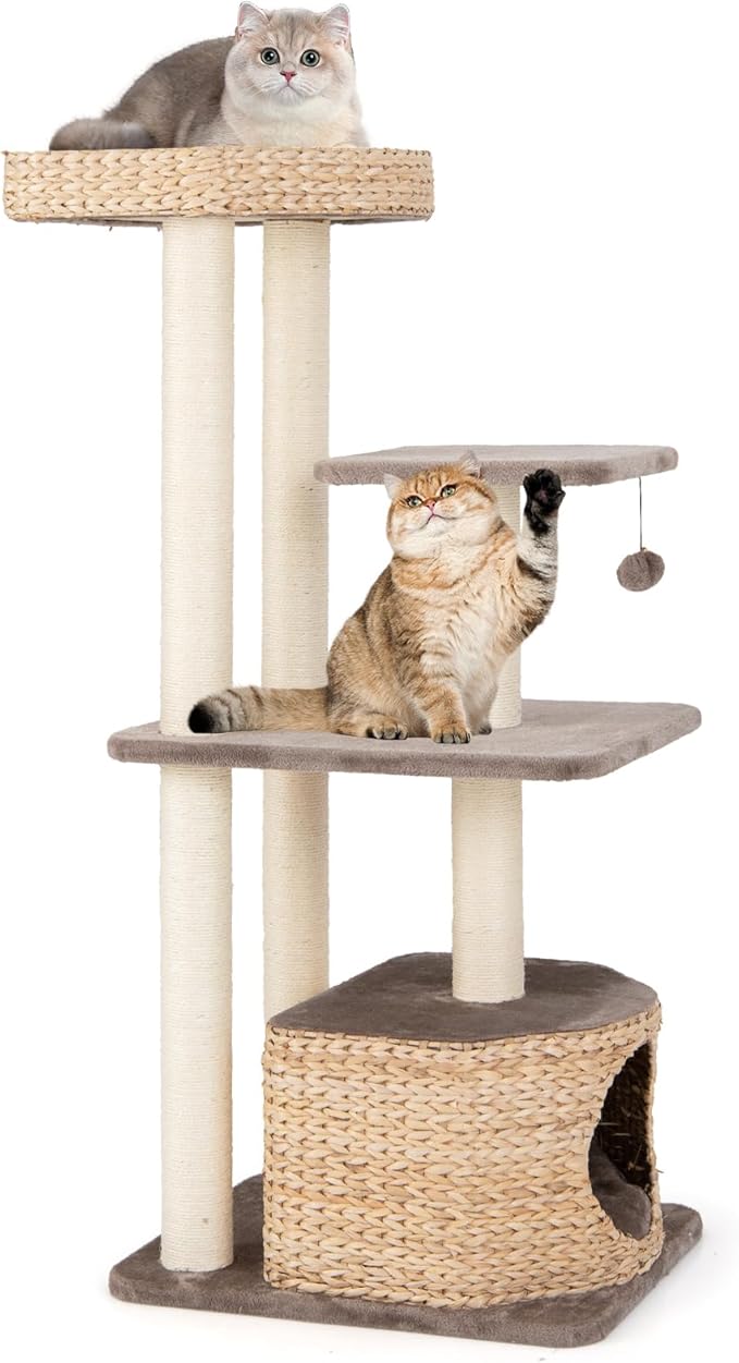 PETSITE 52 inch Cattail Cat Tree, Multi-Level Cat Tower with Scratching Posts, Cat Condo, Top Perch, Hanging Jingling Ball and Soft Washable Cushions, Modern Cat Tree for Indoor Cats