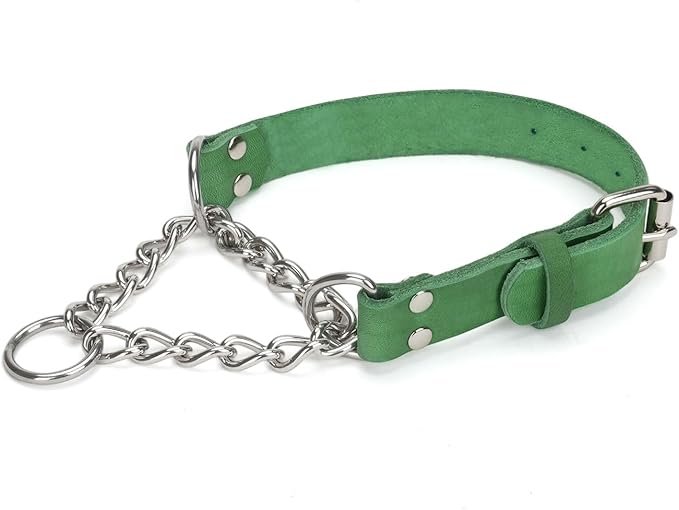 Martingale Collar for Dogs No-Pull Adjustable Training Collar with Stainless Steel Chain - Genuine Leather Anti-Slip Design for Small,Medium,Large Breed Dogs - Green (S)
