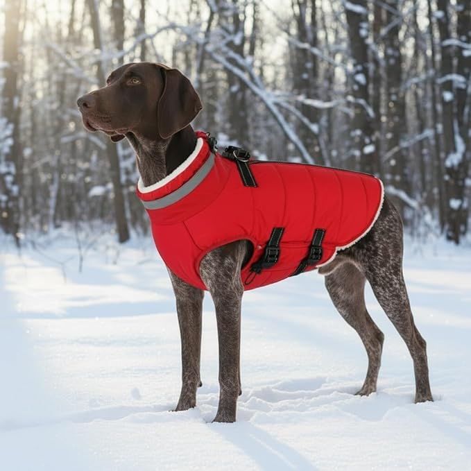 Mklhgty Large Dog Coat with Harness Built-in, Waterproof Reflective Fleece Lined - Warm Windproof Winter Jacket with Back Zipper, Cold Weather Snow Dog Coats - Red - XL