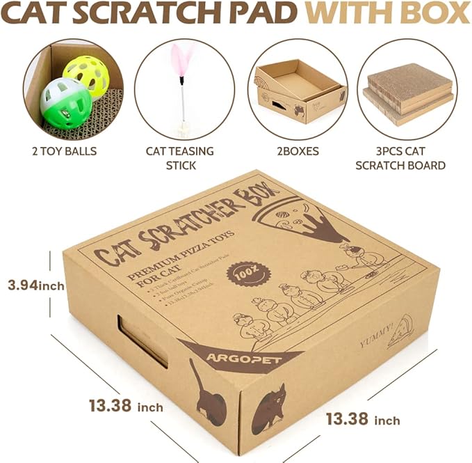 Cat Scratcher Box with 3 PCS Scratching Pads, Reversible Corrugated Cardboard Lounge Bed with Feather Toy and Balls Recyclable Cat Scratcher Cardboard for Indoor Cats