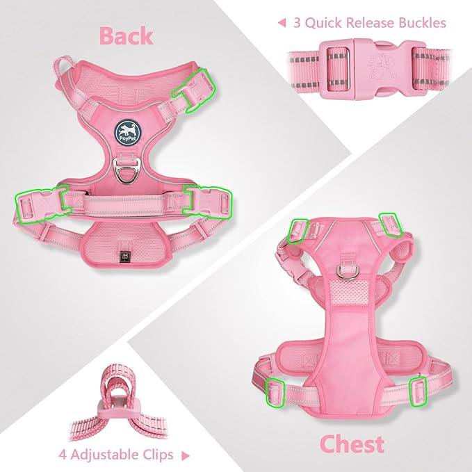 PoyPet No Pull Dog Harness, No Choke Reflective Dog Vest, Adjustable Pet Harnesses with 2 Leash Attachments with Easy Control Padded Handle for Small Medium Large Dogs(Light Pink Matching Trim,M)