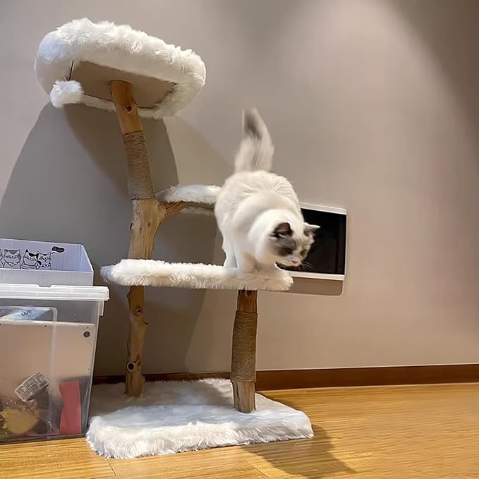 Modern Indoor Cat Tree, Wood Single Branch Cat Tower, Wooden Cat Condo with Climbing Perches, Cat Climbing Furniture for Cat Gift, White
