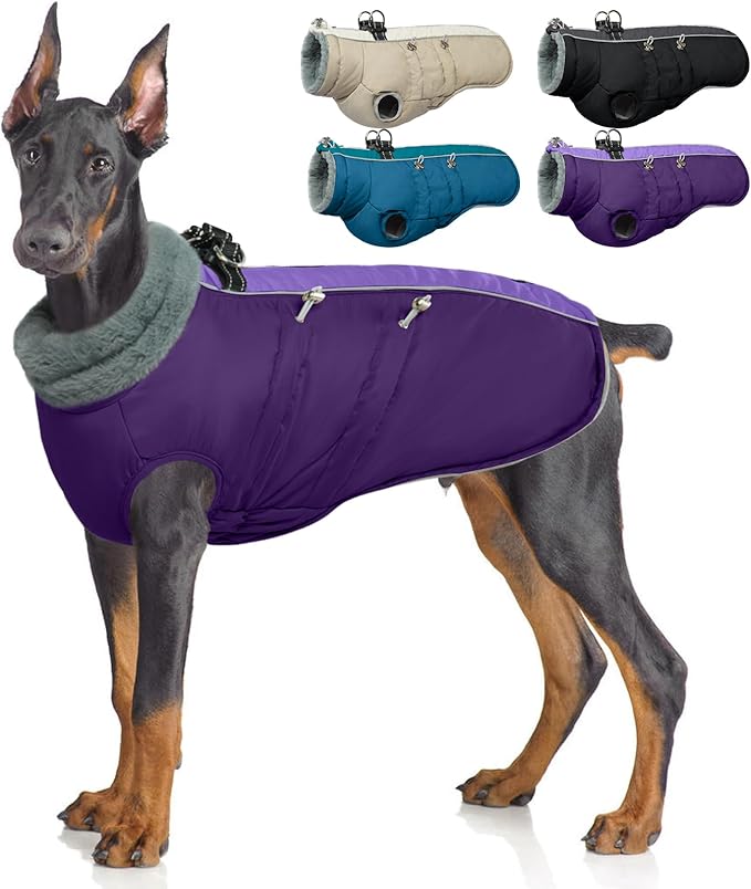 IDOMIK Warm Dog Coat with Harness, Waterproof Reflective Dog Jackets for Small Medium Large Dogs, Fleece High Collar Winter Jacket with Zipper, Pet Winter Snowsuit Clothes for Cold Weather,Purple XL