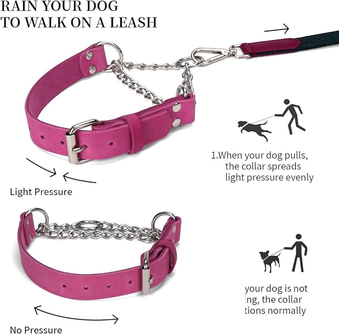 Martingale Collar for Dogs No-Pull Adjustable Training Collar with Stainless Steel Chain - Genuine Leather Anti-Slip Design for Small,Medium,Large Breed Dogs - Pink (M)