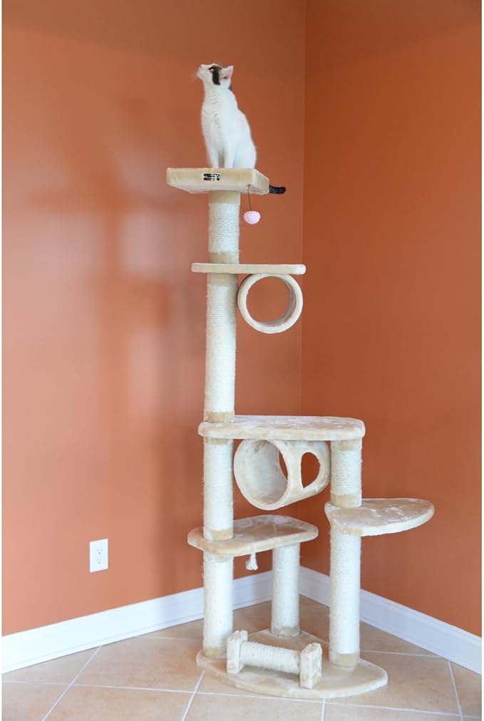 Cat Tree - 36x32x74 - Sisal & Faux-Fur - Tunnel, Toy & Perches - Beige