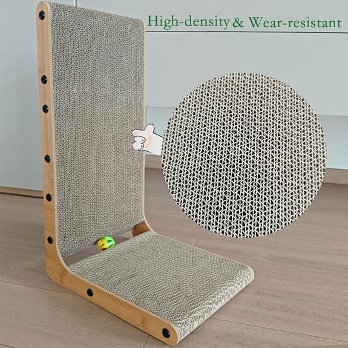 20" L-Shape Couch & Wall Cat Scratch Protector - Vertical Cat Scratcher and Scratching Post for Indoor Cats, Leans Against Furniture with Bell, Catnip & Toy Wand, High-Strength Cardboard