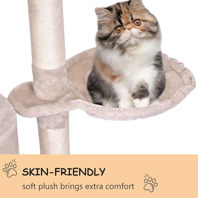 S AFSTAR 56 Inch Cat Tree Tower Condo, Multi-Level Cat Furniture Activity Center with Cat Scratching Posts, Climbing Ladder, Round House Cat Condo for Kittens Kitty Pet (Beige)