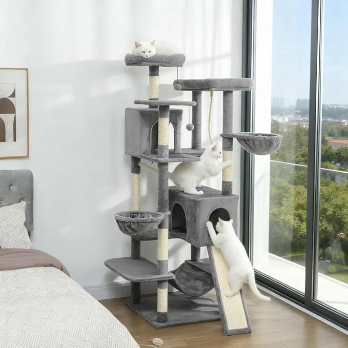 68" Tall Cat Tree Multi-Level Cat Tower for Indoor Cats with Cat Condo, Hanging Basket, Sisal Scratching Posts, Plush Balls and Hammock for Small Large Cats (Dark Gray)