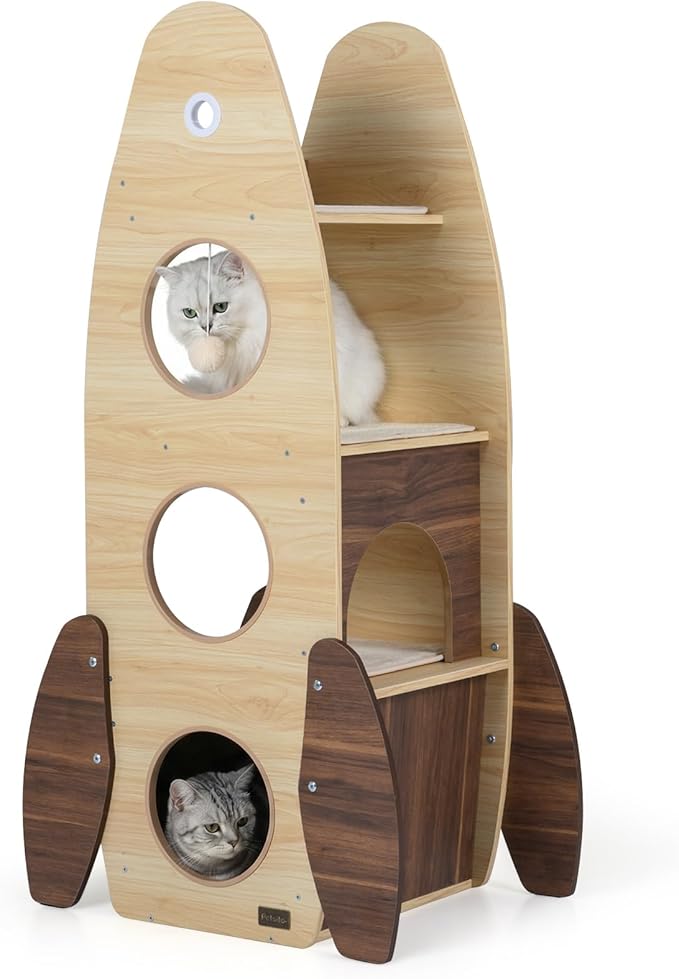 PETSITE 47-inch Rocket-Shaped Wood Cat Tree, Multi-Level Modern Cat Tower with Large Double-Layer Condo, Interactive Hanging Ball and Detachable Sisal Mats, Ideal for Indoor Cats