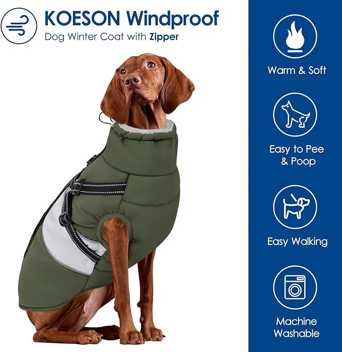 KOESON Large Dog Coat, Warm Dog Winter Coat Cold Weather Jacket with Built-in Harness and Reflective Straps, Windproof Pet Puffer Jacket Zip Up Fleece Vest for Pitbull, Husky, Army Green L