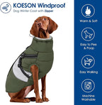 KOESON Large Dog Coat, Warm Dog Winter Coat Cold Weather Jacket with Built-in Harness and Reflective Straps, Windproof Pet Puffer Jacket Zip Up Fleece Vest for Pitbull, Husky, Army Green L
