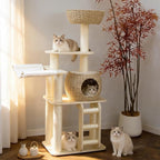 54 Inch Cat Tree for Indoor Cats, Tall Wooden Cat Tower with Scratching Posts, Rattan Condo and Perch, Multi-Level Cat Climber, Stylish Pet Furniture