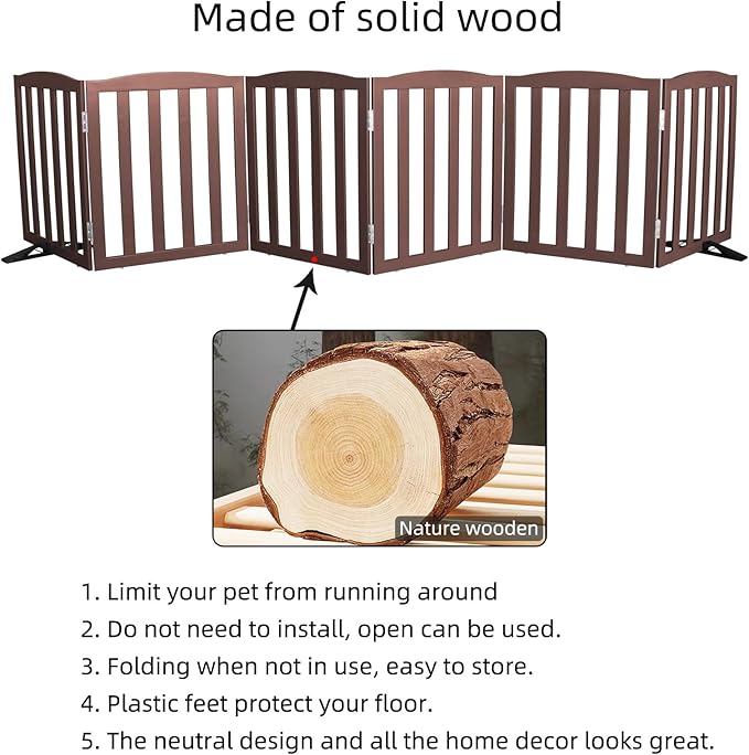 Freestanding Dog Gate Indoor,Doggie Gate Foldable Pet Gates for Doorways,Stairs or Hallways, Wooden Brown Pet Gate for the House, Pet Fence with Support Feet Included,24 "Height-6 Panels