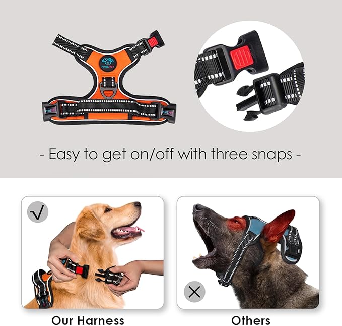 PHOEPET Reflective Dog Harness Large Breed Adjustable No Pull Vest with Handle 2 Metal Rings 3 Buckles [Easy to Put on & Take Off](XL, Orange)