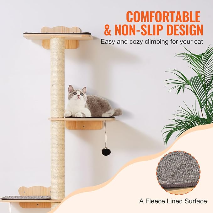 HAPPYBUY 4 Tiers Cat Tree, Cat Wall Furniture Set with 4 Jumping Boards, Wall-Mounted Cat Floating Shelf up to 40 lbs, 12 mm Pine Wood Cat Perch for Sleeping, Playing and Climbing