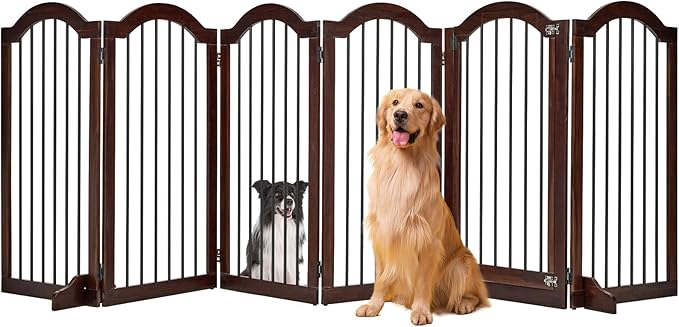 PrimeZone 144" Extra Wide Dog Gate - 36" Tall 6-Panel Solid Acacia Wooden Freestanding Puppy Gates with Door, Foldable Indoor Pet Fence for Doorways, Stairs, Support Feet Included, Brown