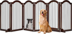 PrimeZone 144" Extra Wide Dog Gate - 36" Tall 6-Panel Solid Acacia Wooden Freestanding Puppy Gates with Door, Foldable Indoor Pet Fence for Doorways, Stairs, Support Feet Included, Brown