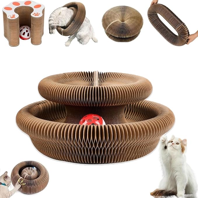 Kitty Curlz Cat Scratcher for Indoor Cats - Magic Organ Interactive Cat Toy with Bell Ball, Upgraded Durable Cardboard Scratching Board for Cats & Kittens, Anxiety Relief