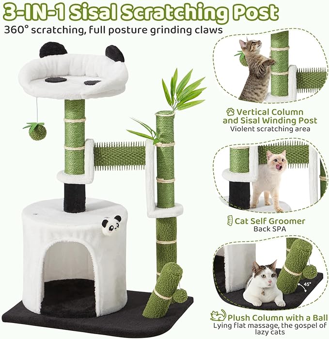 Erinnyees Panda Cat Tree, 30.7" Cat Tower with Self Groomer, Scratching Post, Cat Condo and Hang Ball, Bamboo Leaf Shape Design