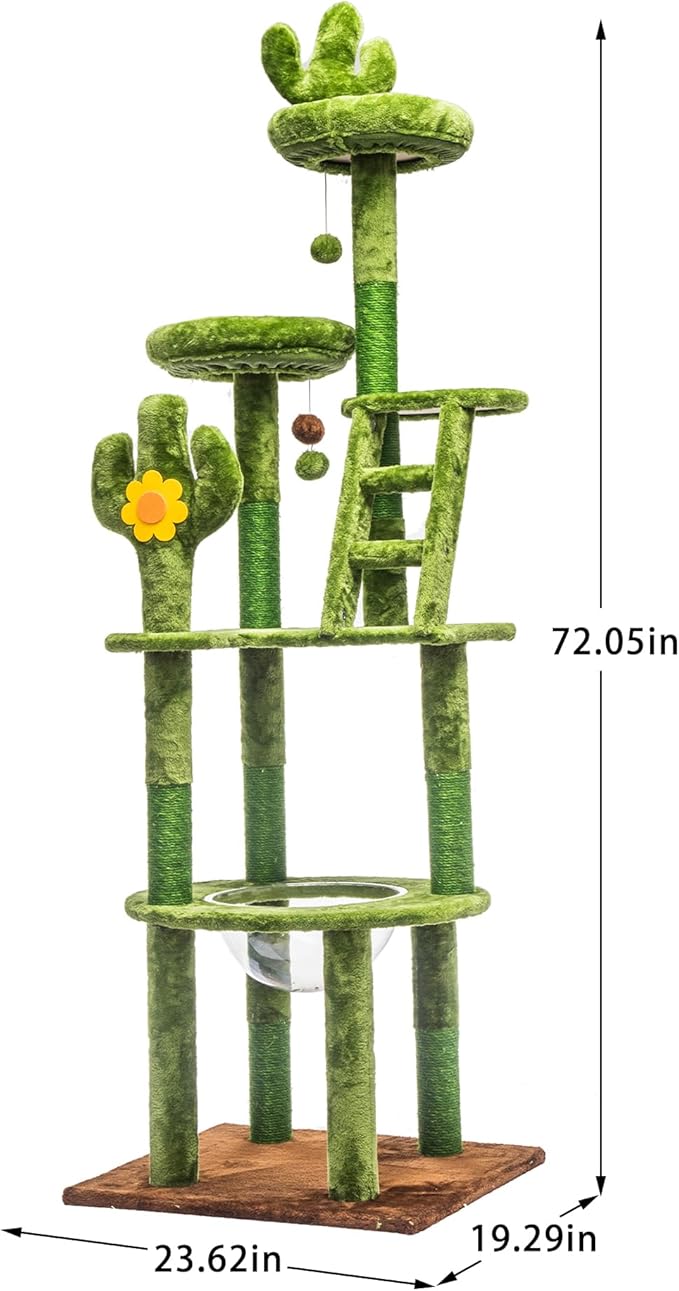72in Cat Tree Tall Cat Tower for Indoor Cats with Transparent Capsule, Sisal Scratching Posts, Plush Perches, Multi-Level Cat Activity Center Furniture for Kittens and Large Cats (Green, 72.05in)