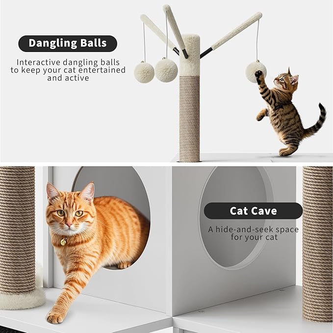 Multi-Level Cat Tree Tower with Scratching Posts & Litter Box Enclosure, Cat Condo with Cat Houses, Perches & Hanging Toys, Cat Furniture for Indoor Cats, Easy to Assemble