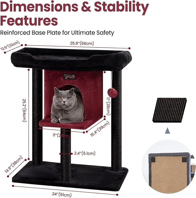 Cat Tree Tower Scratching Post for Indoor Large Cats, Small Cat Tree with Big Perch Bed, 28in Tall Trees House with Condo Cave, Toy Balls, Modern Climbing Furniture Platform for Kitten (Black)