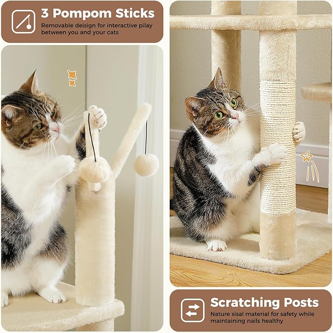 Large Cat Tree for Indoor Cats, 59" Tall Cat Tower with 3 Removable Pompom Sticks, Spacious Condo, Large Hammock and Scratching Posts, Sturdy Play House for Large Cats,Beige