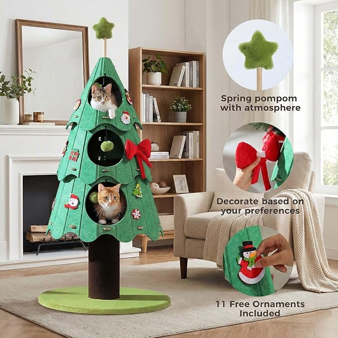 53 Inch Christmas Cat Tree for Indoor Cats, Cat Tower with 3 Condos & 4 Pompoms, Multi-Cat Furniture with Holiday Felt Stickers, Activity Center & Beds, Green