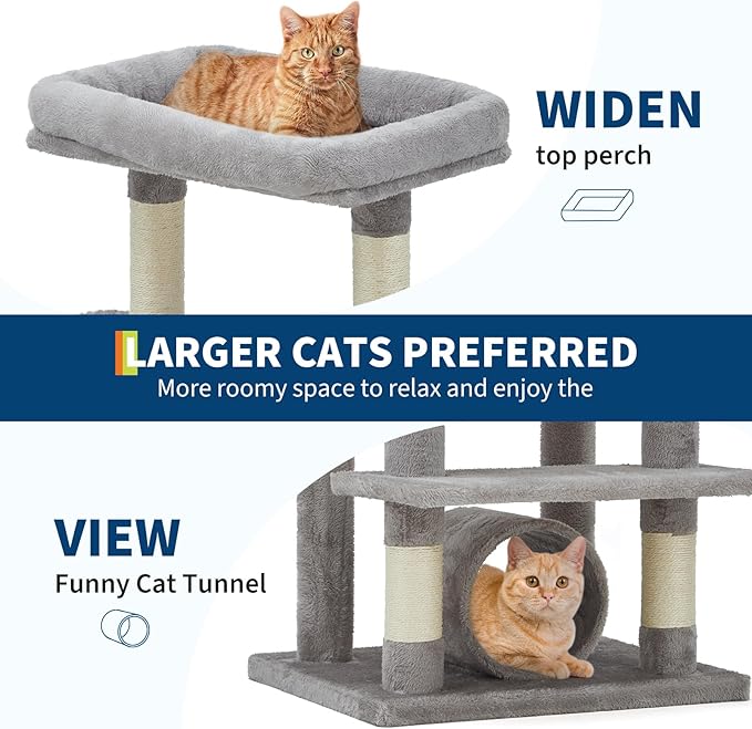 74" Tall Cat Tree,Large Cat Tree for Big Cats,Cat Tower with Scratching Posts, Condo, Perches, Hammock, Tunnel & Feeding Station,Deep Gray