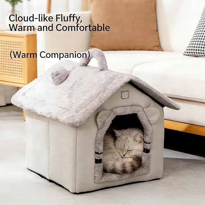 Lovely Cat Bed for Indoor Cats, Cartoon Pattern Cat Cave Bed with Handle Design, Soft Cat Hideaway Indoor Cat House for Kitten, Puppy & Small Pets (M)