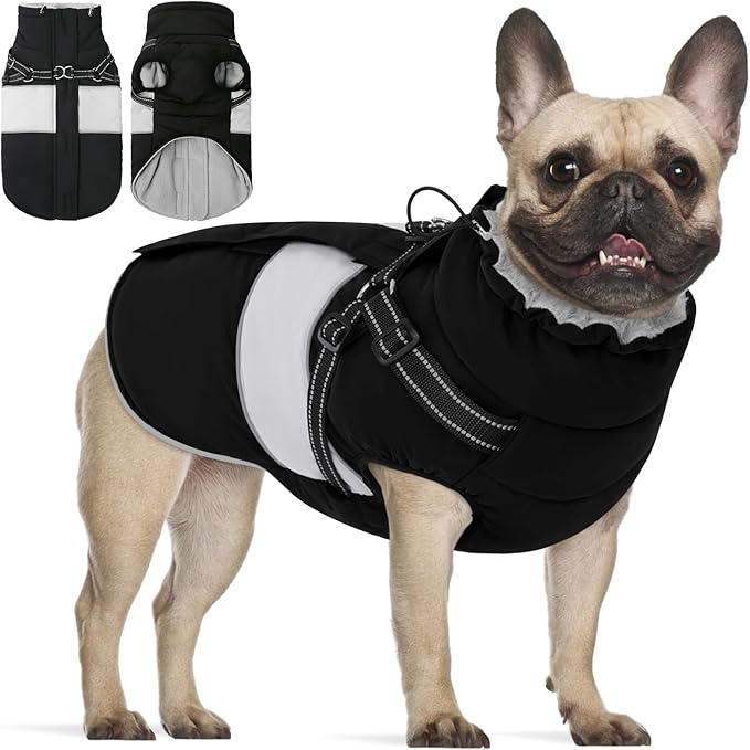 KOESON Dog Coat, Warm Dog Winter Jacket with Harness Built-in for Easy Walk, Fleece Lined Cold Weather Coat for Medium Dogs, Waterproof Puffer Jacket for French Bulldog, Corgi, Beagle, Black M