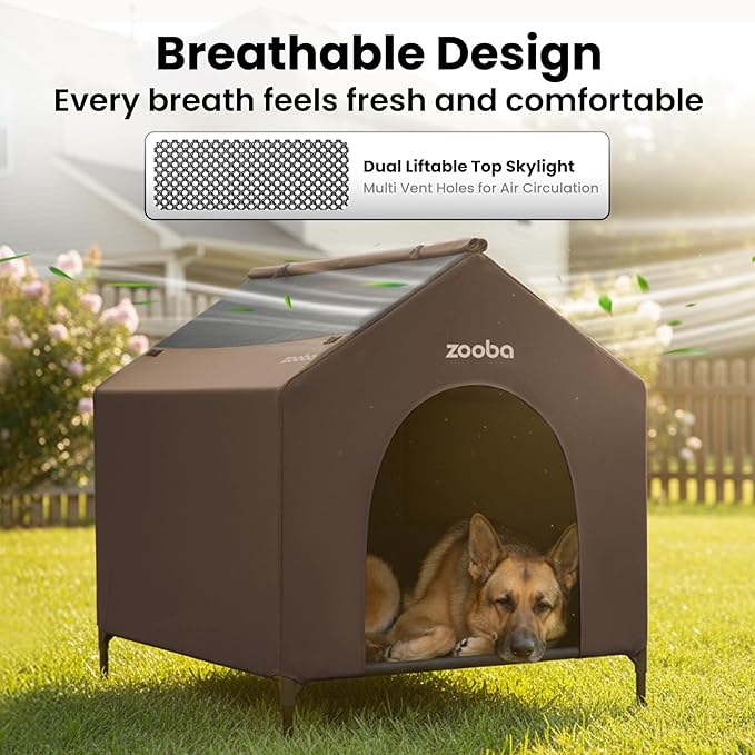 42" 2-in-1 Dog House for Medium Dogs, Elevted Dog House Outdoor/Indoor, Puppy Shelter Outside,Water Resistant 600D PVC and Durable 2x1 Textilene Raised Dog Bed(Brown)