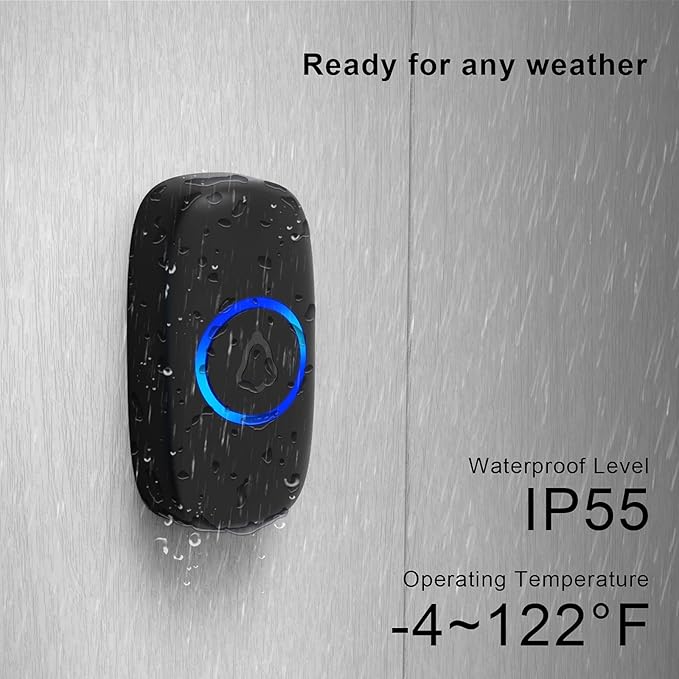 SECRUI Wireless Doorbell, Easy installation, Waterproof, Adjustable Volume, 58 Chimes, Colorful LED, 1000Ft Range, M520+F55, Black