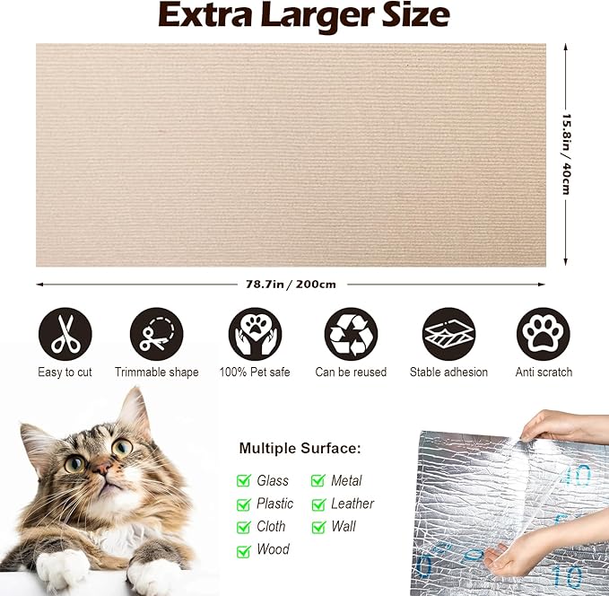 Cat Scratch Mat - 78.74"x15.74" Self-Adhesive Anti Scratching Pad for Couch, Trimmable DIY Cat Sofa Furniture Wall Cat Tower Protector, Replacement Pads for Pet Couch Protector from Claws Beige