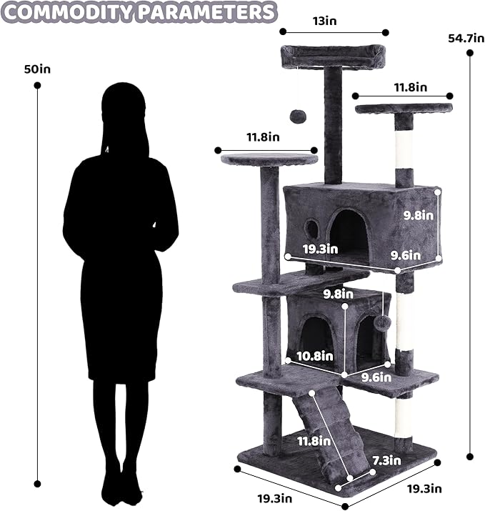 54" Cat Tree for Indoor Cat, Multi-Level Pet House w/Cat Perch, Scratch Post, Plush Toy, Perfect Pet Gift, Light Gray