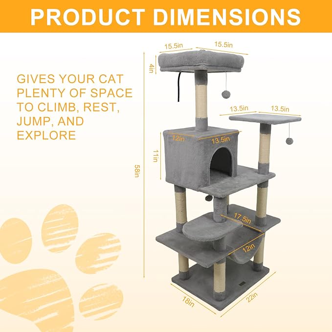 DORTALA Cat Tree for Indoor Cats, 58" Tall Cat Tower with Top Perch, Condo, Hammock, Sisal Scratching Posts, 3 Dangling Balls, Platforms, Multi-Level Pet Climbing Furniture Playground (Light Grey)