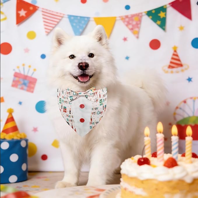 Dog Birthday Tuxedo Bandana Collar with Bow Tie, Adjustable Pet Birthday Outfit Costume for Dogs (Sizes XS-XL)