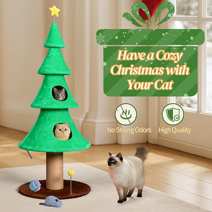 59 Inches Christmas Cat Tree for Indoor, Cat Tower with 2 Condos and Scratching Post,Christmas Tree Party Decoration Activity Center Play House (Green-1)